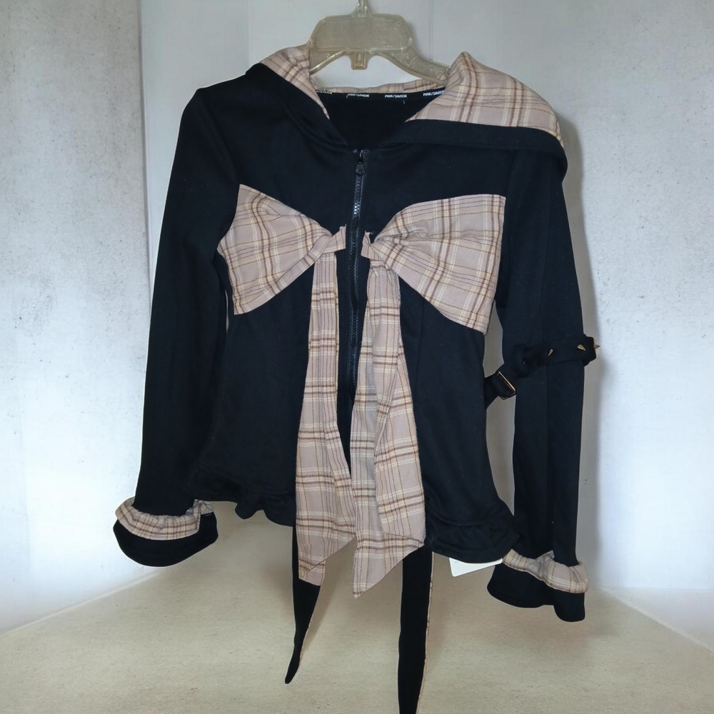 PINK Savior Black Bomber Jacket with Beige Plaid Bow